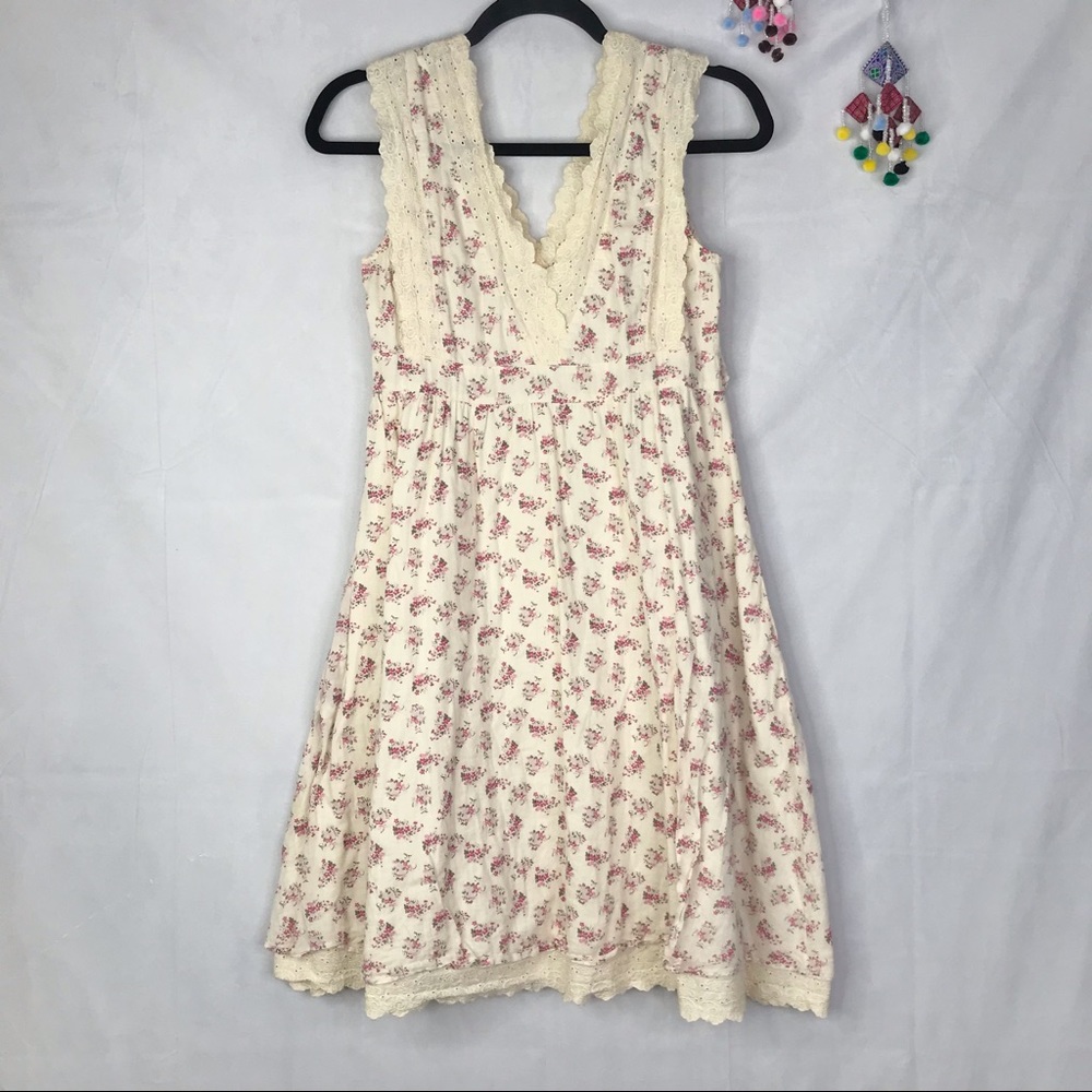 Free People Cream Floral Mini Dress with Pink Rose Print